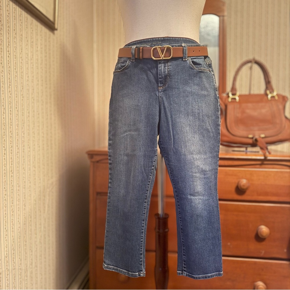 J. Crew Cropped Ankle Jeans in Medium Wash Blue with Brown Belt